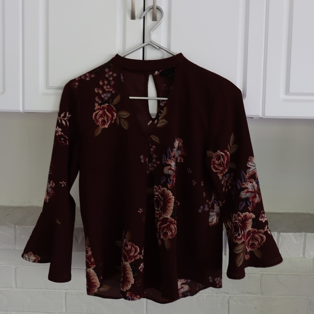 Versona Bell Sleeve Maroon Floral Mock Neck Top
